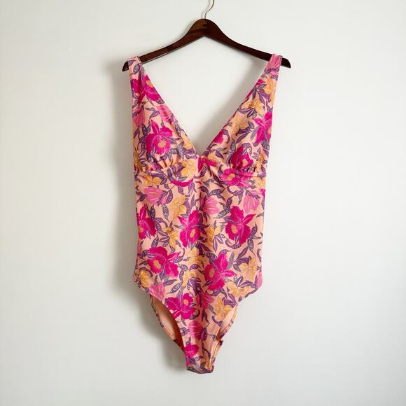 OLD NAVY Deep V Cross Back One Piece Swimsuit Peach Floral XXL - Picture 3 of 8
